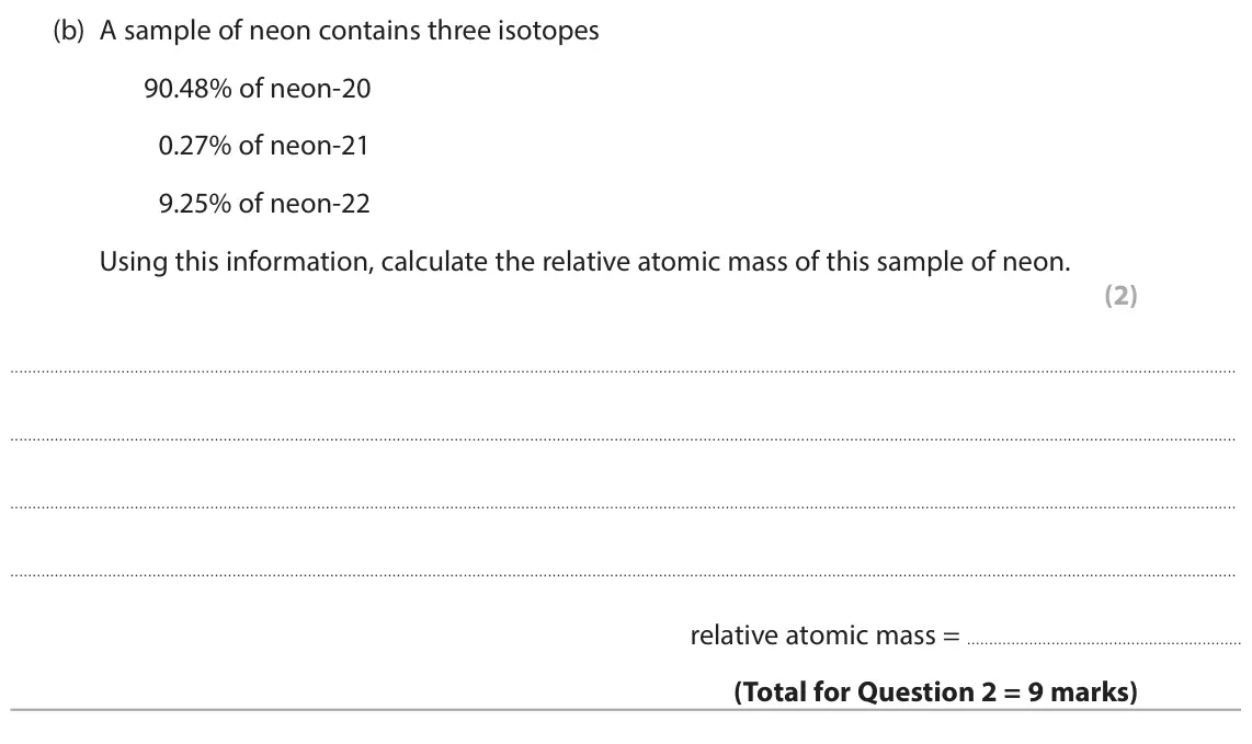 June 2025 Paper 1 Higher, question 2(b): A sample of neon contains three isotopes 90.48% of neon-20 0.27% of neon-21 9.25% of neon-22 Using this information, calculate the relative atomic mass of this