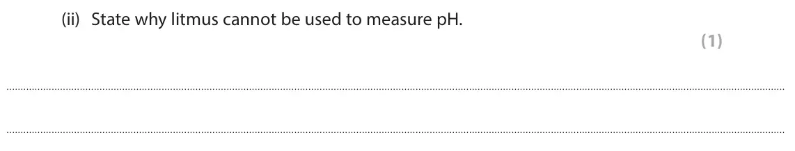 June 2025 Paper 1 Higher, question 4(a)(ii): State why litmus cannot be used to measure pH. (1)