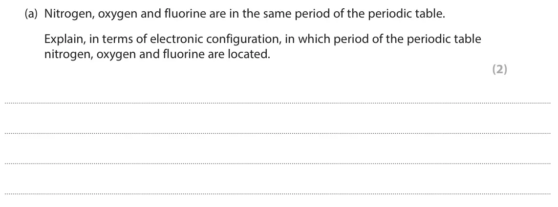 June 2025 Paper 1 Higher, question 5(a): Nitrogen, oxygen and fluorine are in the same period of the periodic table. Explain, in terms of electronic configuration, in which period of the periodic table
