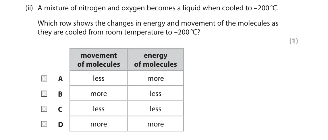 June 2025 Paper 1 Higher, question 5(b)(ii): A mixture of nitrogen and oxygen becomes a liquid when cooled to –200 °C. Which row shows the changes in energy and movement of the molecules as they are cooled