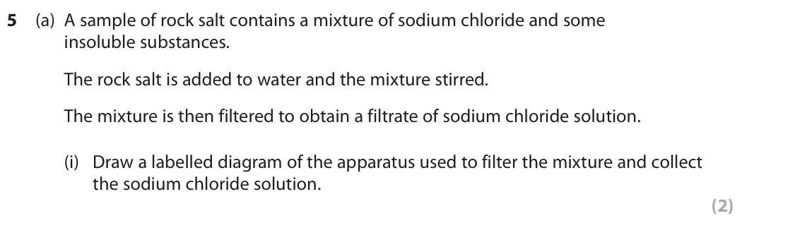 November 2020 Paper 1 Higher, question 5(a)(i): Draw a labelled diagram of the apparatus used to filter the mixture and collect the sodium chloride solution. (2)