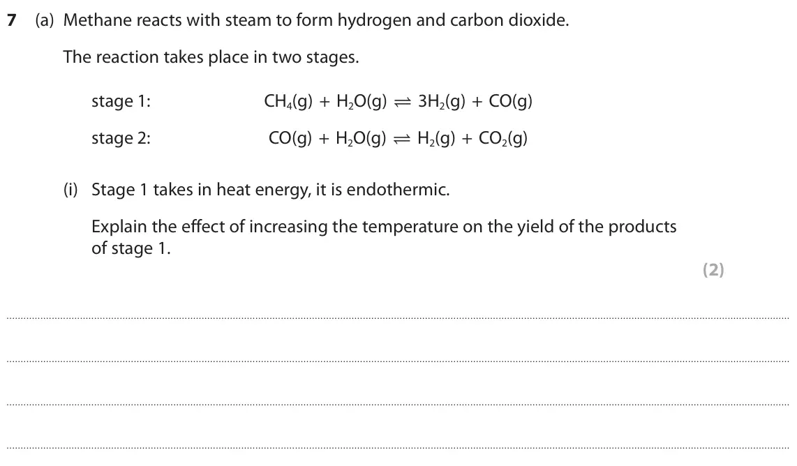 November 2020 Paper 1 Higher, question 7(a)(i): Stage 1 takes in heat energy, it is endothermic. Explain the effect of increasing the temperature on the yield of the products of stage 1. (2)