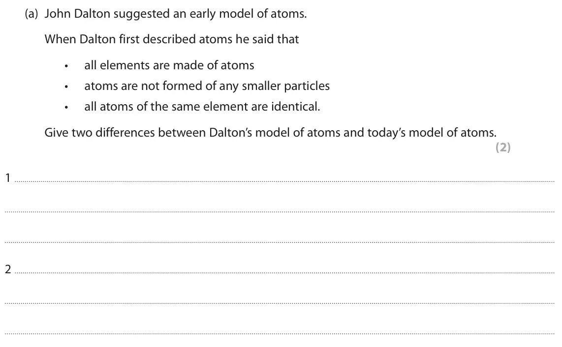 November 2021 Paper 1 Higher, question 2(a): John Dalton suggested an early model of atoms. When Dalton first described atoms he said that • all elements are made of atoms • atoms are not formed of any sma
