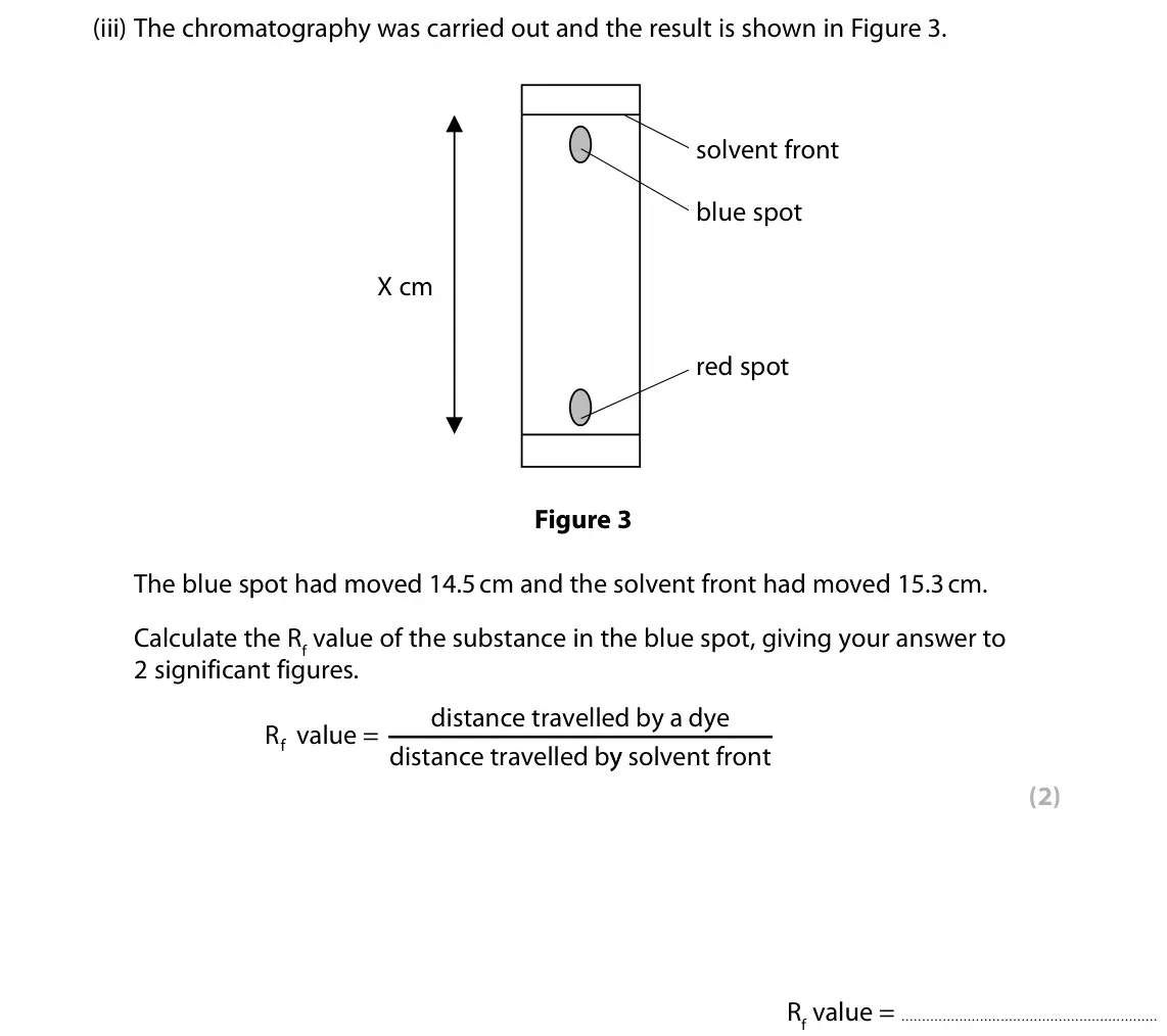Specimen Paper 1 Higher, question 1(a)(iii): The chromatography was carried out and the result is shown in Figure 3. solvent front blue spot X cm red spot Figure 3 The blue spot had moved 14.5 cm and the s
