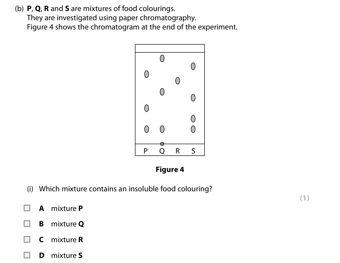 Specimen Paper 1 Higher, question 1(b)(i): Which mixture contains an insoluble food colouring? (1) A mixture P B mixture Q C mixture R D mixture S