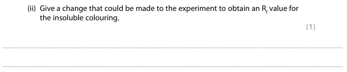 Specimen Paper 1 Higher, question 1(b)(ii): Give a change that could be made to the experiment to obtain an Rf value for the insoluble colouring. (1)