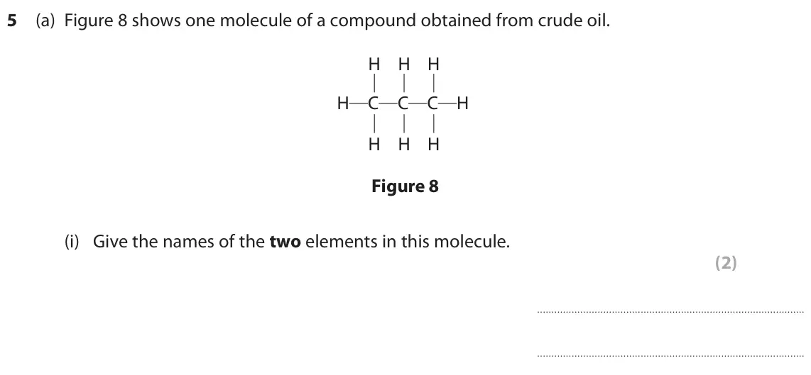 June 2022 Paper 2 Foundation, question 5(a)(i): Give the names of the two elements in this molecule. (2)