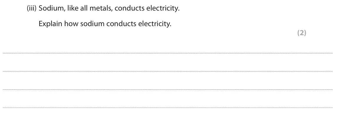 June 2023 Paper 2 Foundation, question 6(b)(iii): Sodium, like all metals, conducts electricity. Explain how sodium conducts electricity. (2)