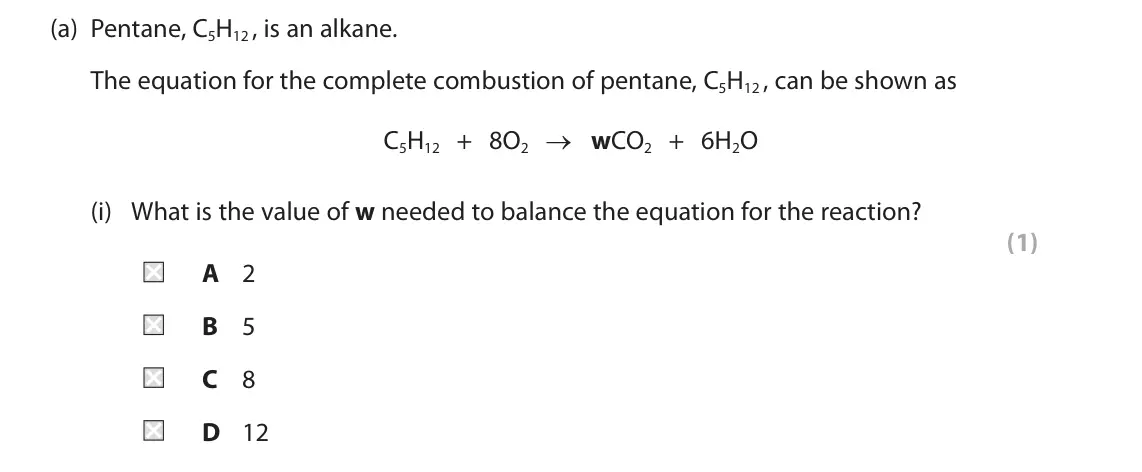 June 2023 Paper 2 Foundation, question 7(a)(i): What is the value of w needed to balance the equation for the reaction? (1) A 2 B 5 C 8 D 12