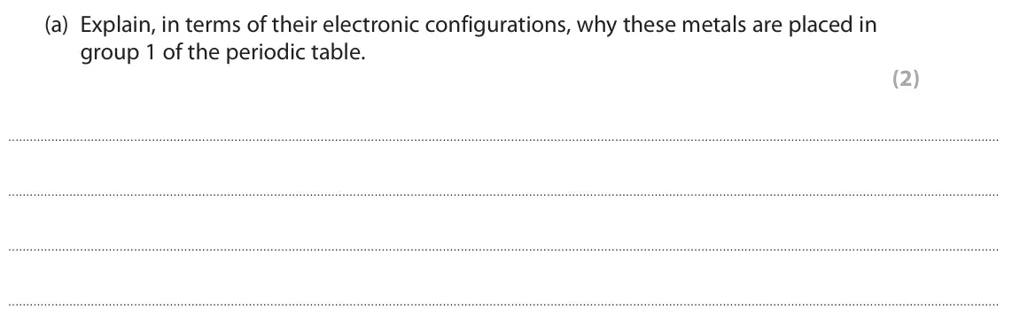 June 2023 Paper 2 Foundation, question 9(a): Explain, in terms of their electronic configurations, why these metals are placed in group 1 of the periodic table. (2)