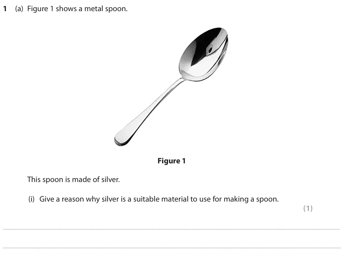 June 2024 Paper 2 Foundation, question 1(a)(i): Give a reason why silver is a suitable material to use for making a spoon. (1)