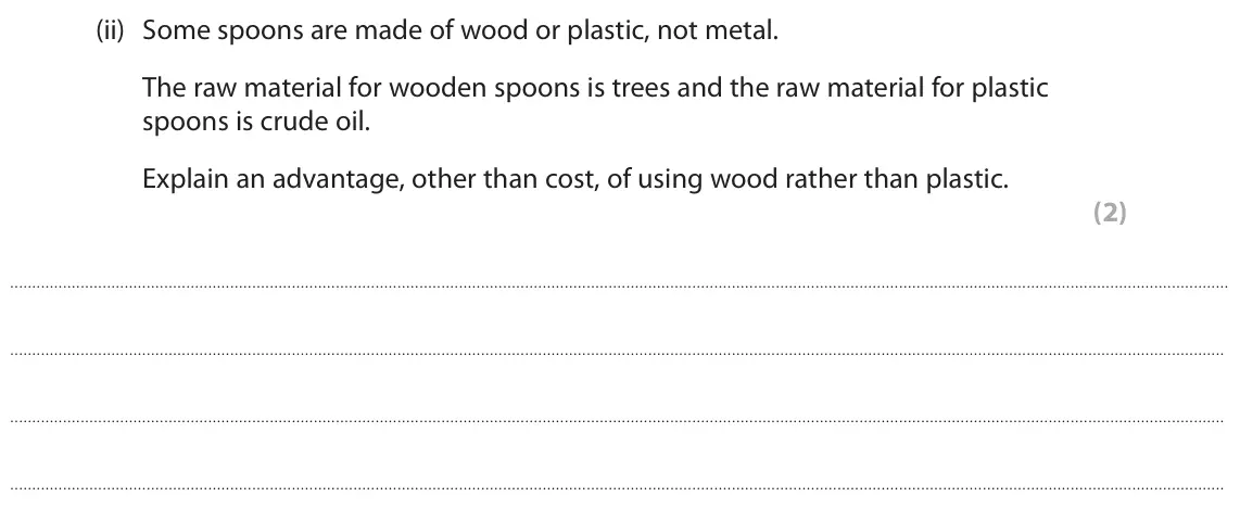 June 2024 Paper 2 Foundation, question 1(a)(ii): Some spoons are made of wood or plastic, not metal. The raw material for wooden spoons is trees and the raw material for plastic spoons is crude oil. Explain an