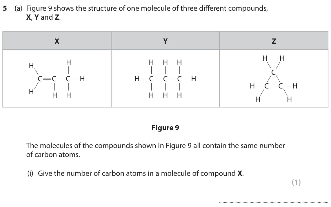 June 2024 Paper 2 Foundation, question 5(a)(i): Give the number of carbon atoms in a molecule of compound X. (1)