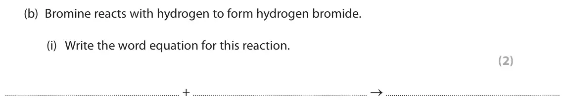 June 2024 Paper 2 Foundation, question 6(b)(i): Write the word equation for this reaction. (2) + →