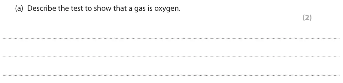 June 2024 Paper 2 Foundation, question 9(a): Describe the test to show that a gas is oxygen. (2)