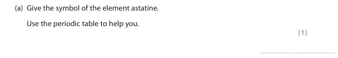 June 2025 Paper 2 Foundation, question 1(a): Give the symbol of the element astatine. Use the periodic table to help you. (1)