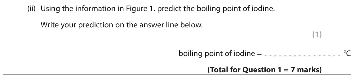 June 2025 Paper 2 Foundation, question 1(c)(ii): Using the information in Figure 1, predict the boiling point of iodine. Write your prediction on the answer line below. (1) boiling point of iodine = °C