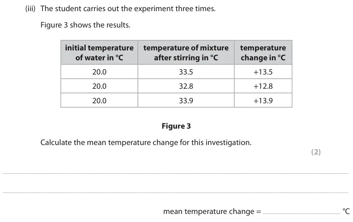June 2025 Paper 2 Foundation, question 3(b)(iii): The student carries out the experiment three times. Figure 3 shows the results. initial temperature temperature of mixture temperature of water in °C after stir