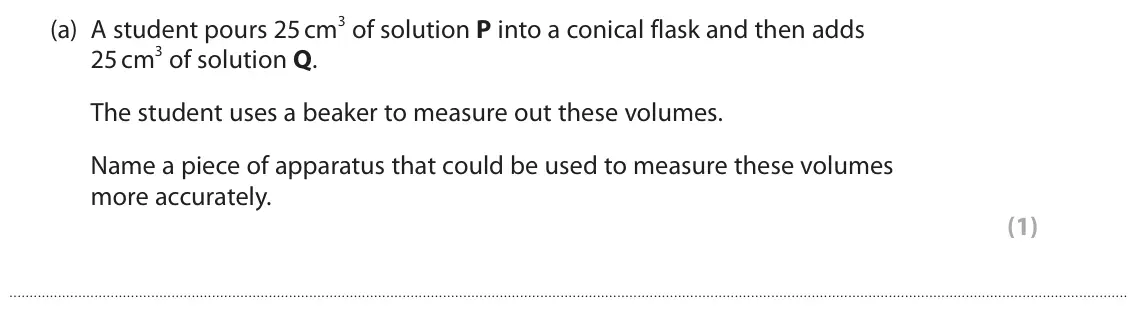 June 2025 Paper 2 Foundation, question 8(a): A student pours 25 cm3 of solution P into a conical flask and then adds 25 cm3 of solution Q. The student uses a beaker to measure out these volumes. Name a pie