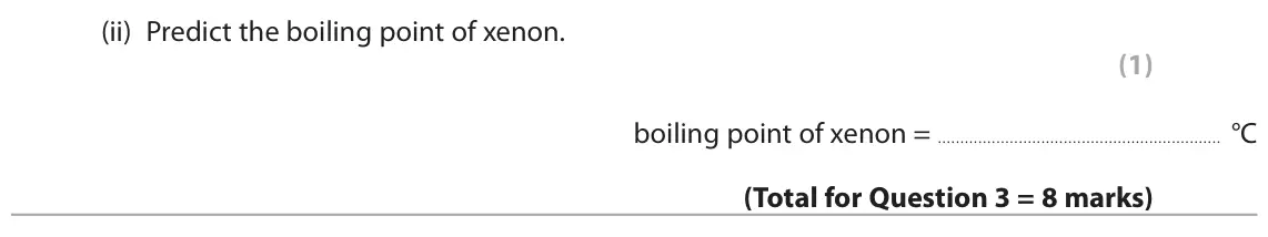 November 2021 Paper 2 Foundation, question 3(c)(ii): Predict the boiling point of xenon. (1) boiling point of xenon = °C