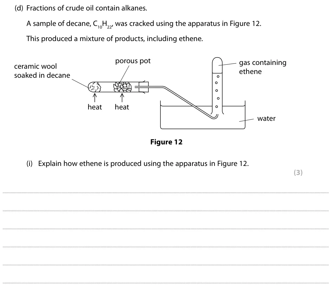 Specimen Paper 2 Foundation, question 8(d)(i): Explain how ethene is produced using the apparatus in Figure 12. (3)
