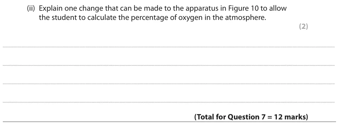 June 2022 Paper 2 Higher, question 7(d)(ii): Explain one change that can be made to the apparatus in Figure 10 to allow the student to calculate the percentage of oxygen in the atmosphere. (2)