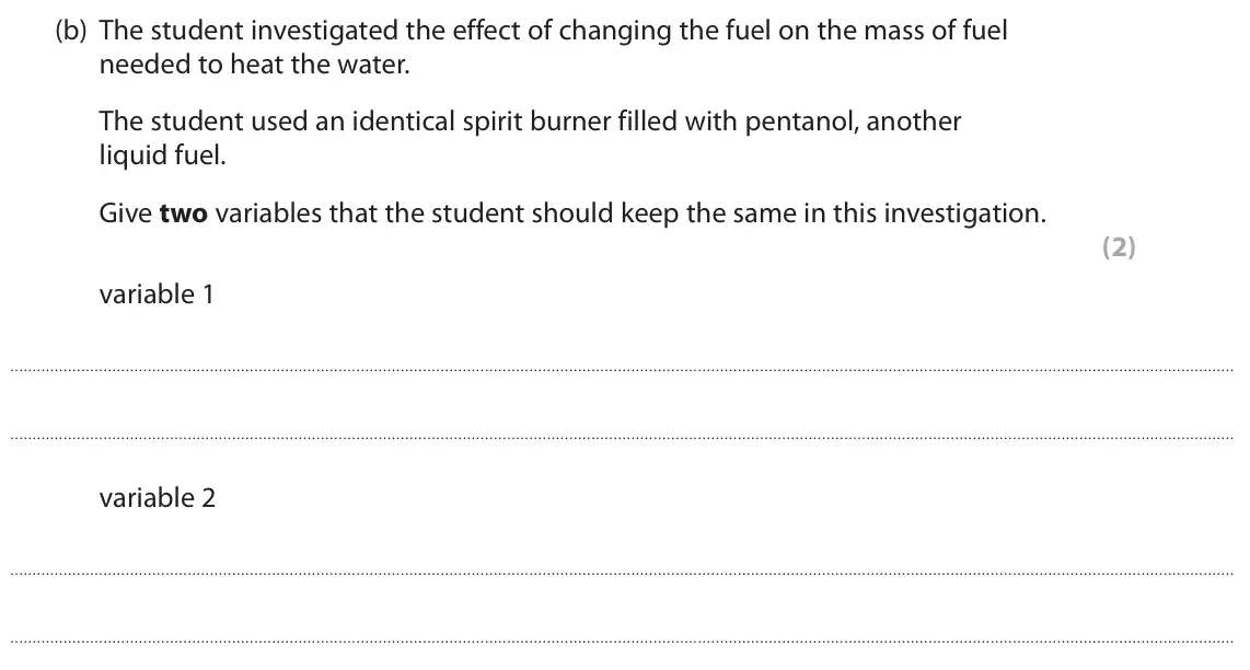 June 2023 Paper 2 Higher, question 1(b): The student investigated the effect of changing the fuel on the mass of fuel needed to heat the water. The student used an identical spirit burner filled with p