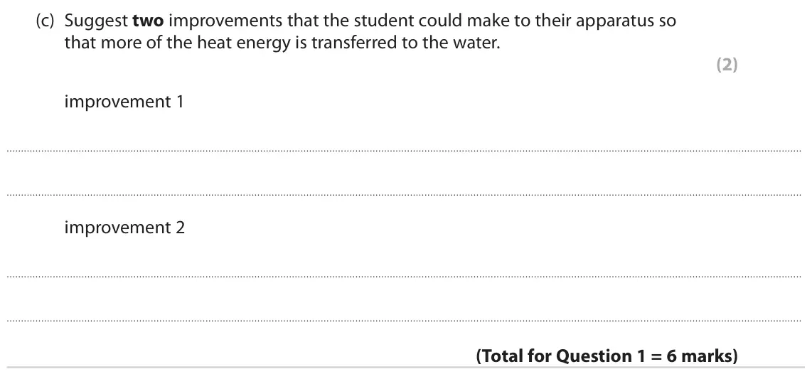 June 2023 Paper 2 Higher, question 1(c): Suggest two improvements that the student could make to their apparatus so that more of the heat energy is transferred to the water. (2) improvement 1 improveme