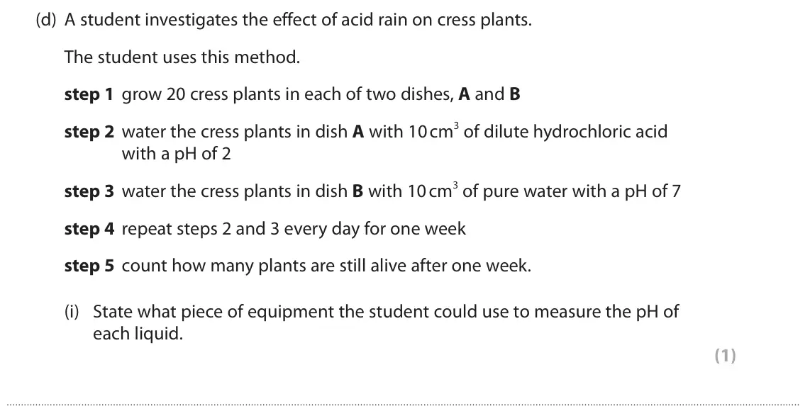 June 2023 Paper 2 Higher, question 5(d)(i): State what piece of equipment the student could use to measure the pH of each liquid. (1)