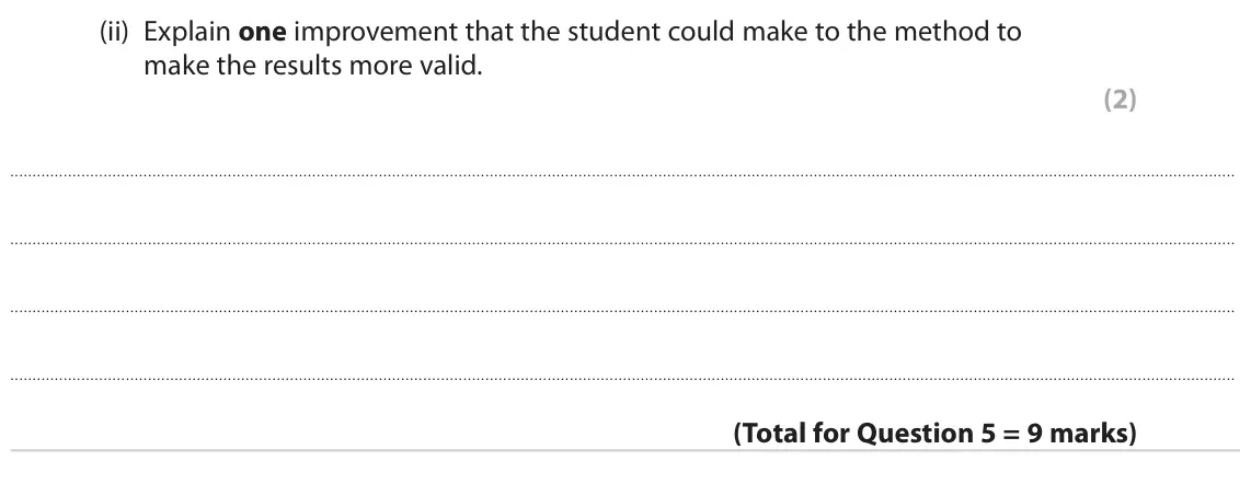 June 2023 Paper 2 Higher, question 5(d)(ii): Explain one improvement that the student could make to the method to make the results more valid. (2)