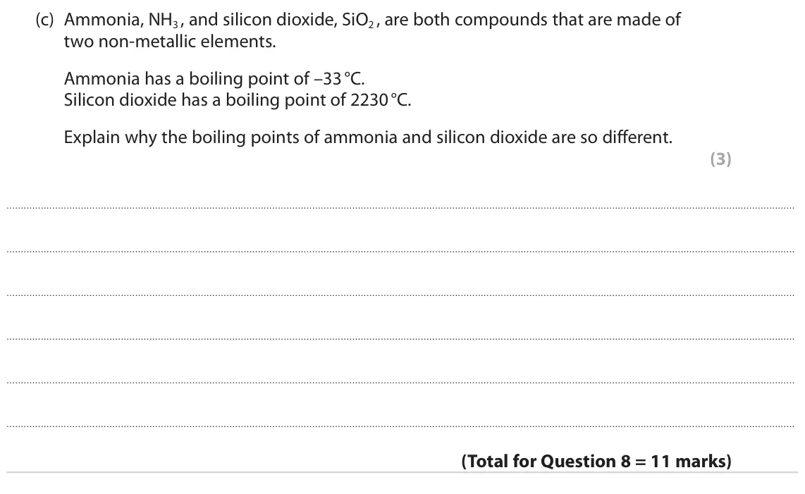 June 2023 Paper 2 Higher, question 8(c): Ammonia, NH3 , and silicon dioxide, SiO2 , are both compounds that are made of two non-metallic elements. Ammonia has a boiling point of –33 °C. Silicon dioxide