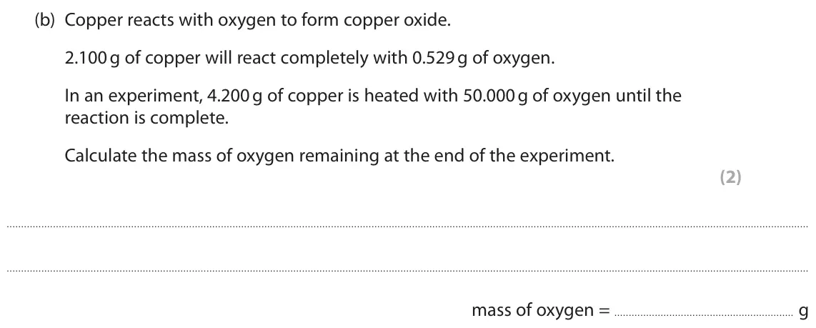 June 2024 Paper 2 Higher, question 3(b): Copper reacts with oxygen to form copper oxide. 2.100 g of copper will react completely with 0.529 g of oxygen. In an experiment, 4.200 g of copper is heated wi