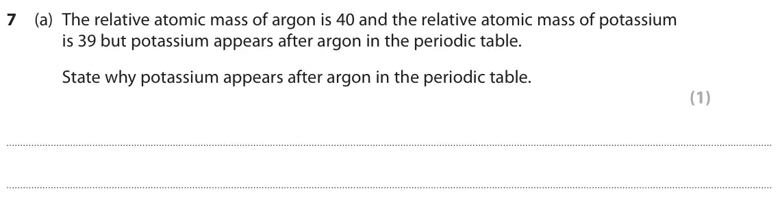 June 2024 Paper 2 Higher, question 7(a): The relative atomic mass of argon is 40 and the relative atomic mass of potassium is 39 but potassium appears after argon in the periodic table. State why potas