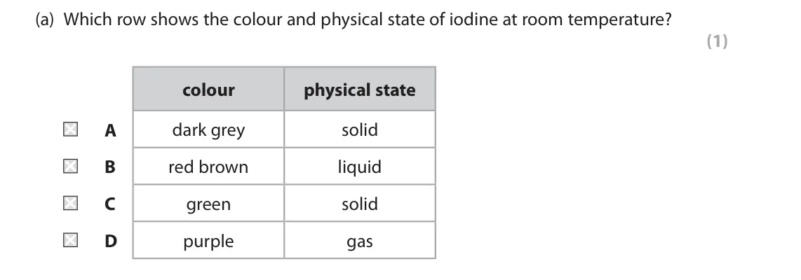 June 2024 Paper 2 Higher, question 9(a): Which row shows the colour and physical state of iodine at room temperature? (1) colour physical state A dark grey solid B red brown liquid C green solid D purp