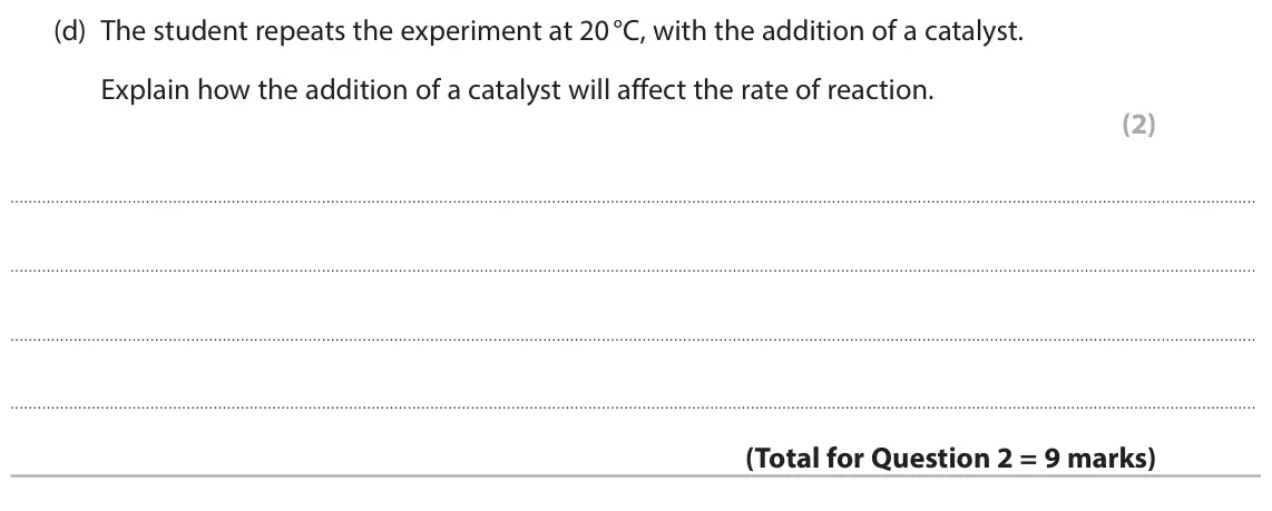 June 2025 Paper 2 Higher, question 2(d): The student repeats the experiment at 20 °C, with the addition of a catalyst. Explain how the addition of a catalyst will affect the rate of reaction. (2)