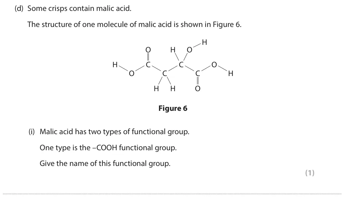 June 2025 Paper 2 Higher, question 4(d)(i): Malic acid has two types of functional group. One type is the –COOH functional group. Give the name of this functional group. (1)