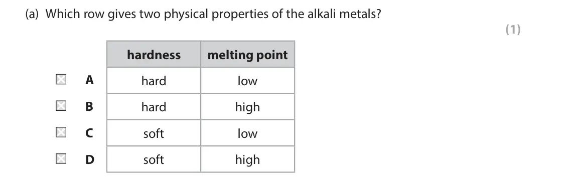 June 2025 Paper 2 Higher, question 5(a): Which row gives two physical properties of the alkali metals? (1) hardness melting point A hard low B hard high C soft low D soft high
