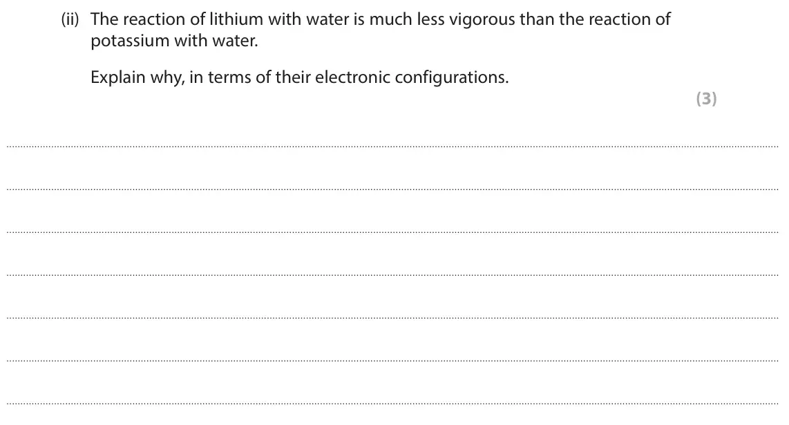 June 2025 Paper 2 Higher, question 5(b)(ii): The reaction of lithium with water is much less vigorous than the reaction of potassium with water. Explain why, in terms of their electronic configurations. (3