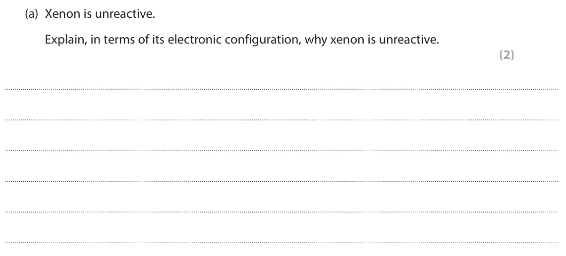 June 2025 Paper 2 Higher, question 6(a): Xenon is unreactive. Explain, in terms of its electronic configuration, why xenon is unreactive. (2)