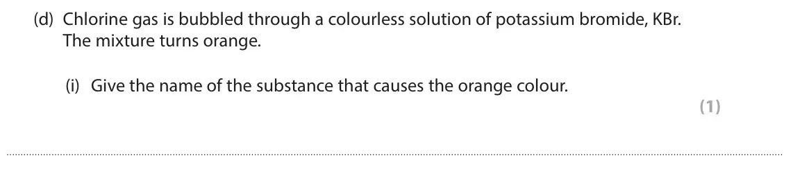 June 2025 Paper 2 Higher, question 8(d)(i): Give the name of the substance that causes the orange colour. (1)