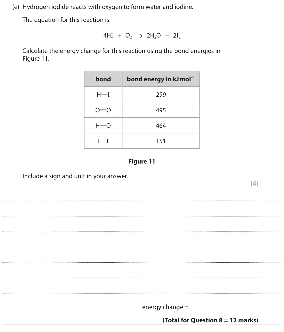 June 2025 Paper 2 Higher, question 8(e): Hydrogen iodide reacts with oxygen to form water and iodine. The equation for this reaction is 4HI + O2 → 2H2O + 2I2 Calculate the energy change for this reacti