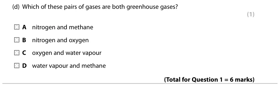 Specimen Paper 2 Higher, question 1(d): Which of these pairs of gases are both greenhouse gases? (1) A nitrogen and methane B nitrogen and oxygen C oxygen and water vapour D water vapour and methane