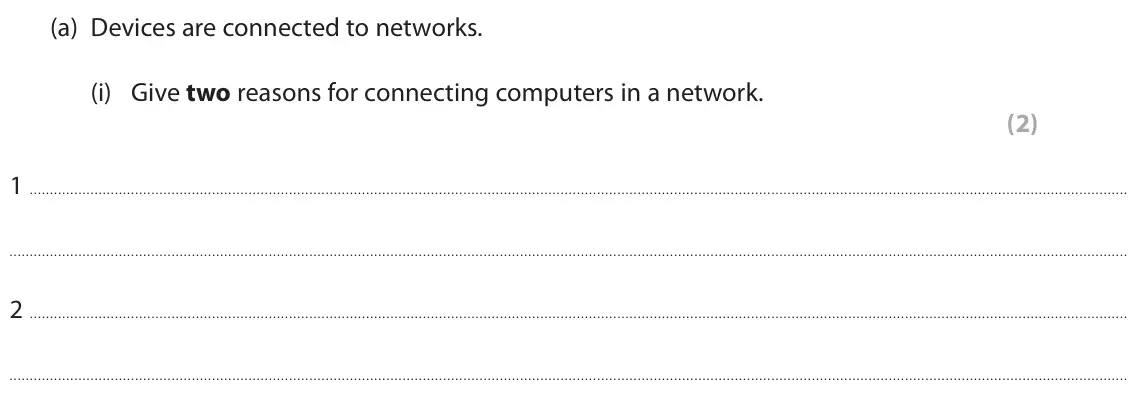 June 2022 Paper 1, question 1(a)(i): Give two reasons for connecting computers in a network. (2) 1 2