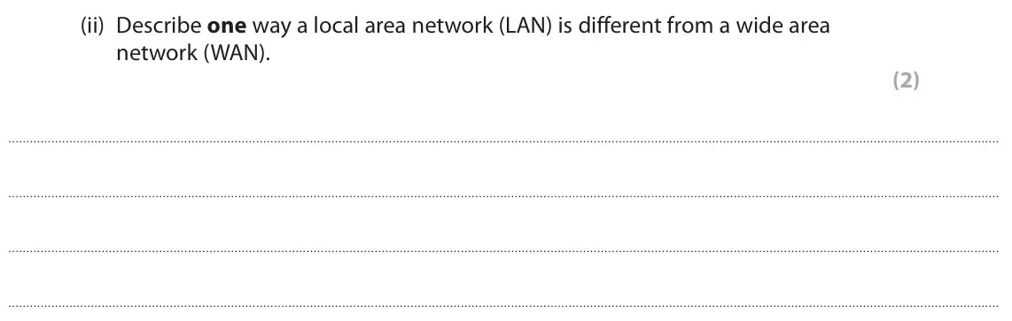 June 2022 Paper 1, question 1(a)(ii): Describe one way a local area network (LAN) is different from a wide area network (WAN). (2)