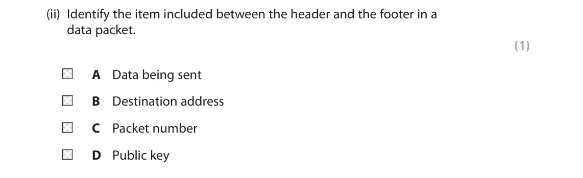 June 2022 Paper 1, question 1(b)(ii): Identify the item included between the header and the footer in a data packet. (1) A Data being sent B Destination address C Packet number D Public key