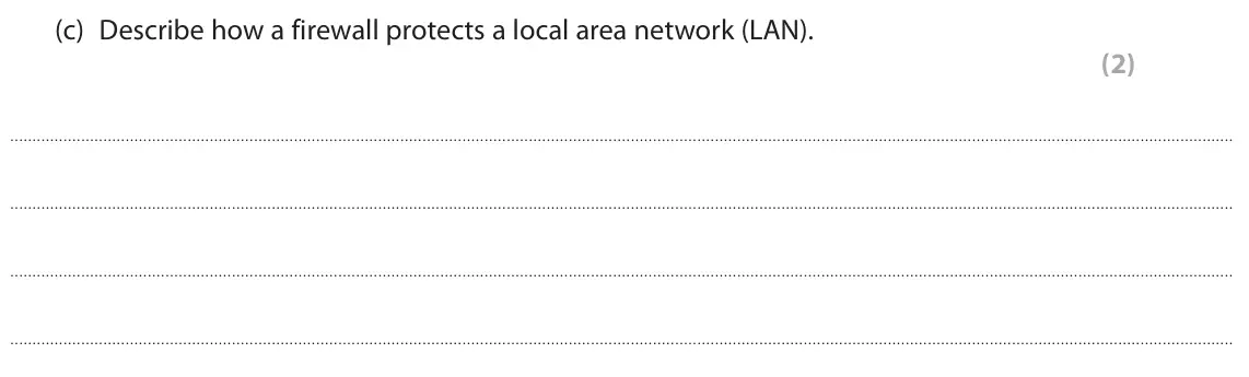 June 2022 Paper 1, question 1(c): Describe how a firewall protects a local area network (LAN). (2)