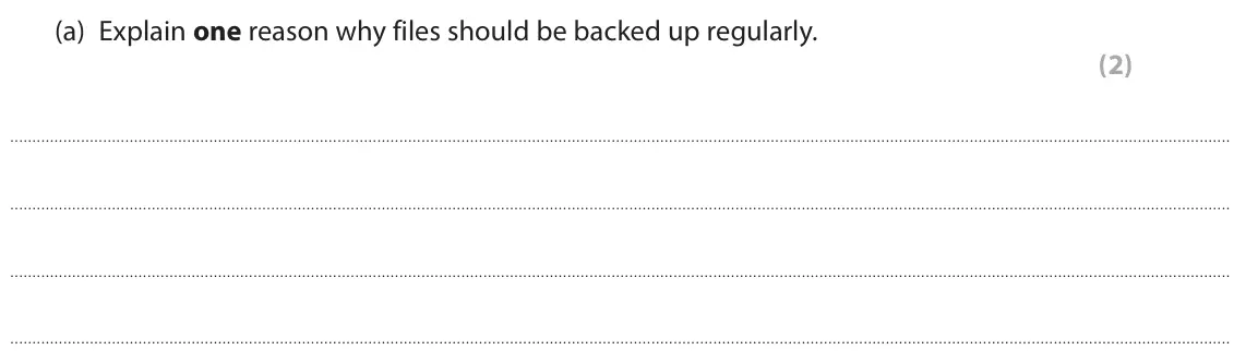 June 2022 Paper 1, question 4(a): Explain one reason why files should be backed up regularly. (2)