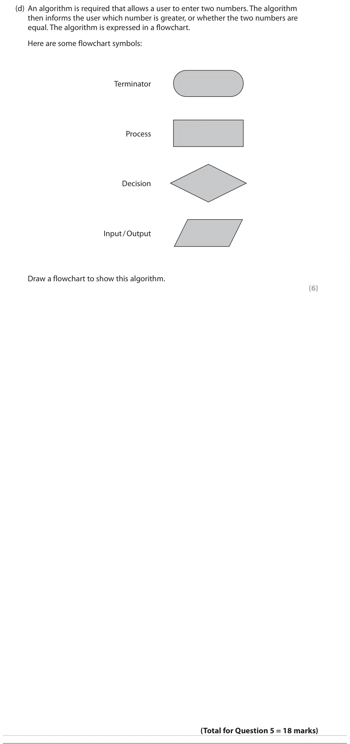 June 2022 Paper 1, question 5(d): An algorithm is required that allows a user to enter two numbers. The algorithm then informs the user which number is greater, or whether the two numbers are eq