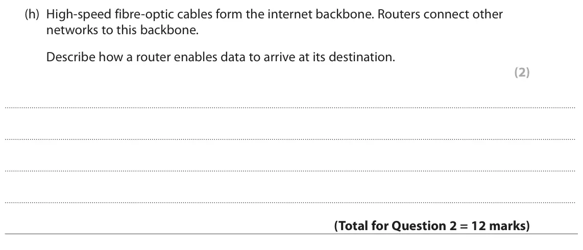 June 2023 Paper 1, question 2(h): High‑speed fibre‑optic cables form the internet backbone. Routers connect other networks to this backbone. Describe how a router enables data to arrive at its d