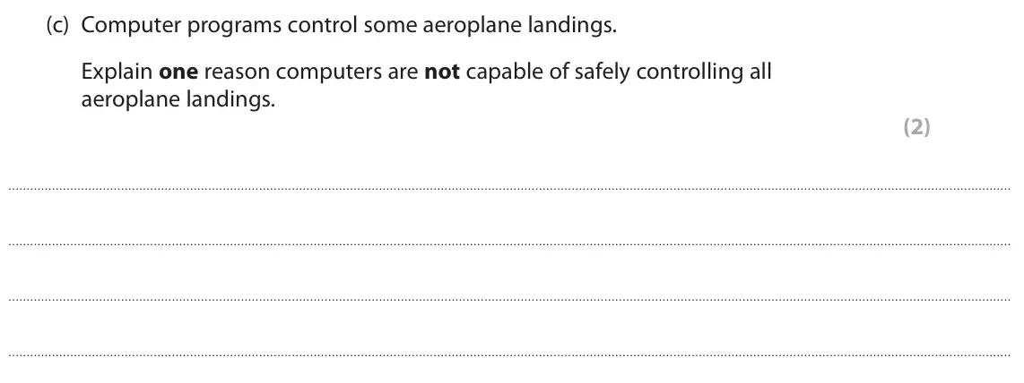 June 2023 Paper 1, question 3(c): Computer programs control some aeroplane landings. Explain one reason computers are not capable of safely controlling all aeroplane landings. (2)